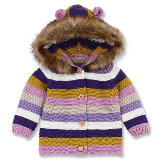 Manteau pour enfants, pull pour garçon et fille, rayé, à capuche en fourrure, tricoté chaud, Cardigans pour bébés de 0 à 3 ans