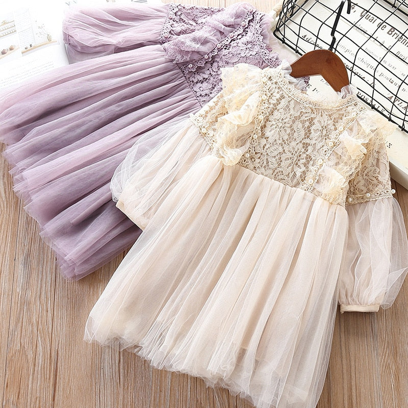 Girl Dresses Lantern Sleeve kids clothing Party Princess Spring Kids Lace Children Dress with Pearls Purple and White 3-7T