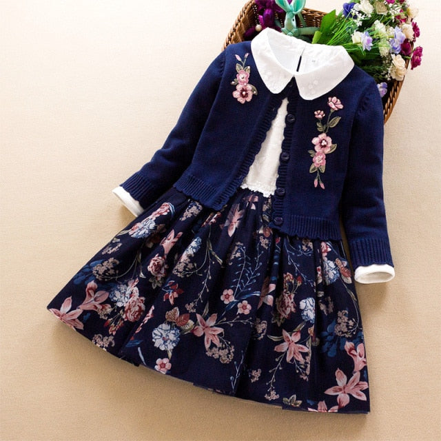 Elegant Girls clothing set new spring autumn Kids princess coat+dress 2Pcs suit for girl party children clothes