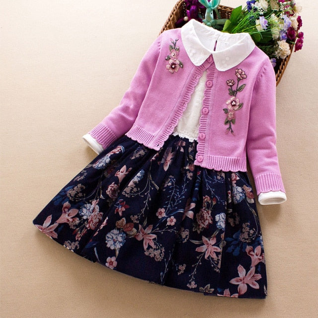 Elegant Girls clothing set new spring autumn Kids princess coat+dress 2Pcs suit for girl party children clothes