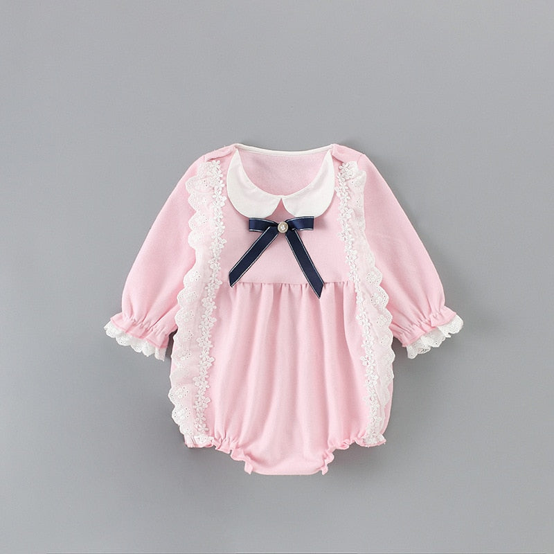 Newborn England Style Baby Girls Bodysuits Peter Pan Collar Kids Baptism Bodysuit Infant Baby Christening Clothes 0-18M