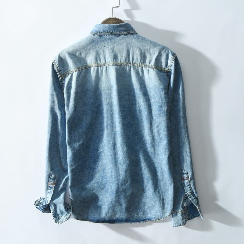 Denim Shirt Men Long Sleeve Double Pocket Blue Tops Male Casual 100%Cotton Turn-down Collar Clothing