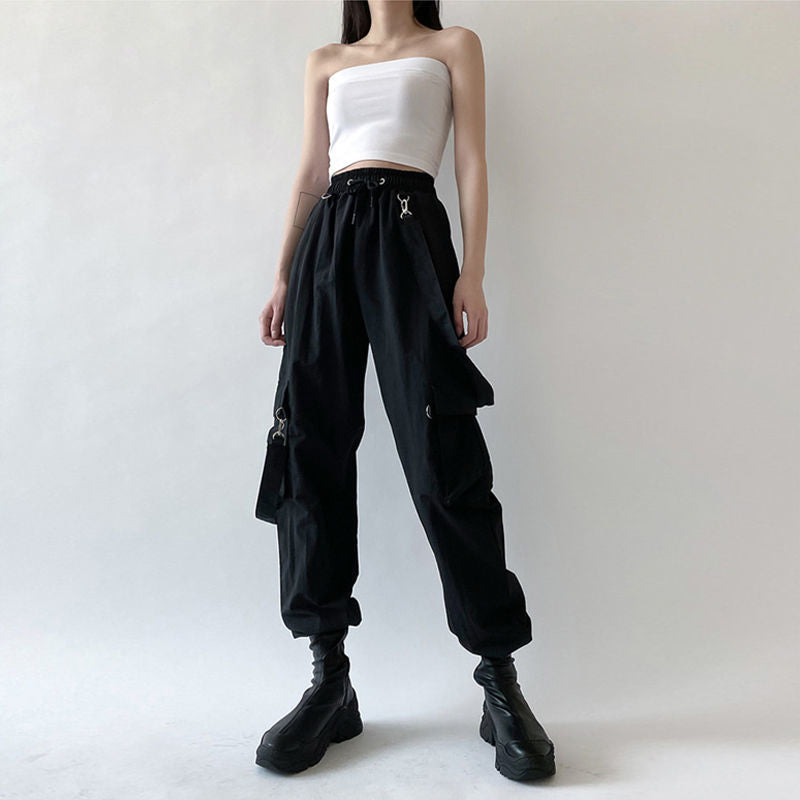 Women Cargo Pants Black Detachable Strap Trousers Female Elastic Waist Streetwear Pants Women Casual Pants