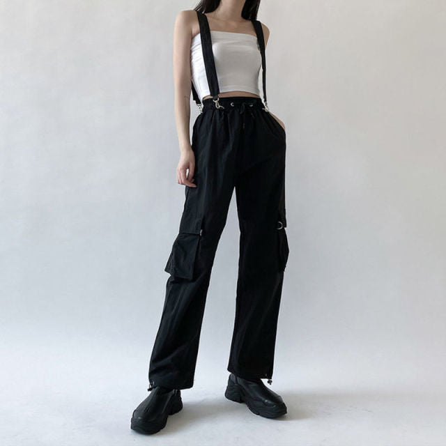 Women Cargo Pants Black Detachable Strap Trousers Female Elastic Waist Streetwear Pants Women Casual Pants