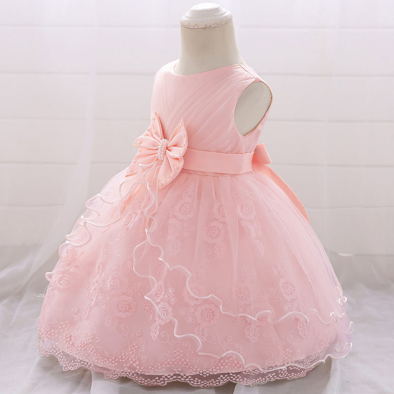 Embroidery Baby Girl Dress for Infant 6-24 Month Baby Girls First Year Birthday Dresses Beaded Flower Sleeveless Princes