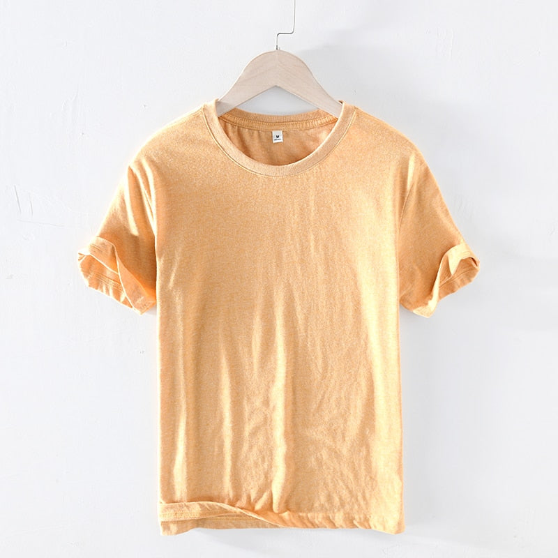 Summer T Shirt Men Short Sleeve O-NECK Breathable Cotton Soft Yellow Casual T-shirt High Quality