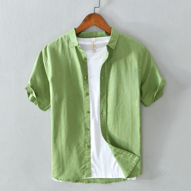 Linen Shirts Men Casual Short Sleeve Green Turn Down Collar Tops Man Summer Vacation Men's Clothing