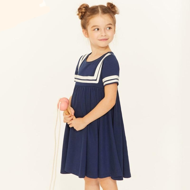 Frocks for Girls Summer Baby Girl Children Clothes Cotton Navy Blue School Draped Dresses for Kids 2-7 Years