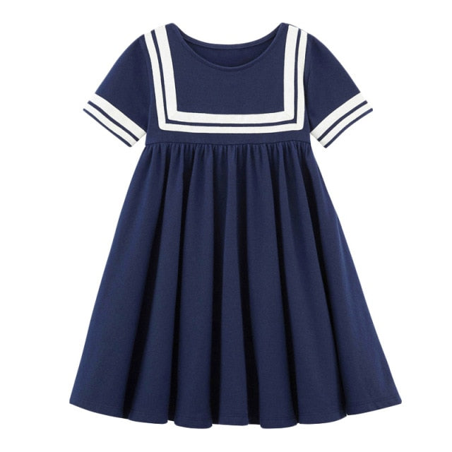 Frocks for Girls Summer Baby Girl Children Clothes Cotton Navy Blue School Draped Dresses for Kids 2-7 Years