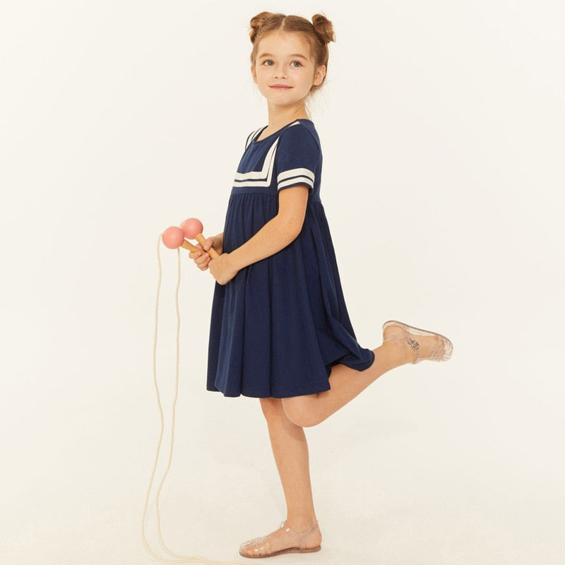 Frocks for Girls Summer Baby Girl Children Clothes Cotton Navy Blue School Draped Dresses for Kids 2-7 Years