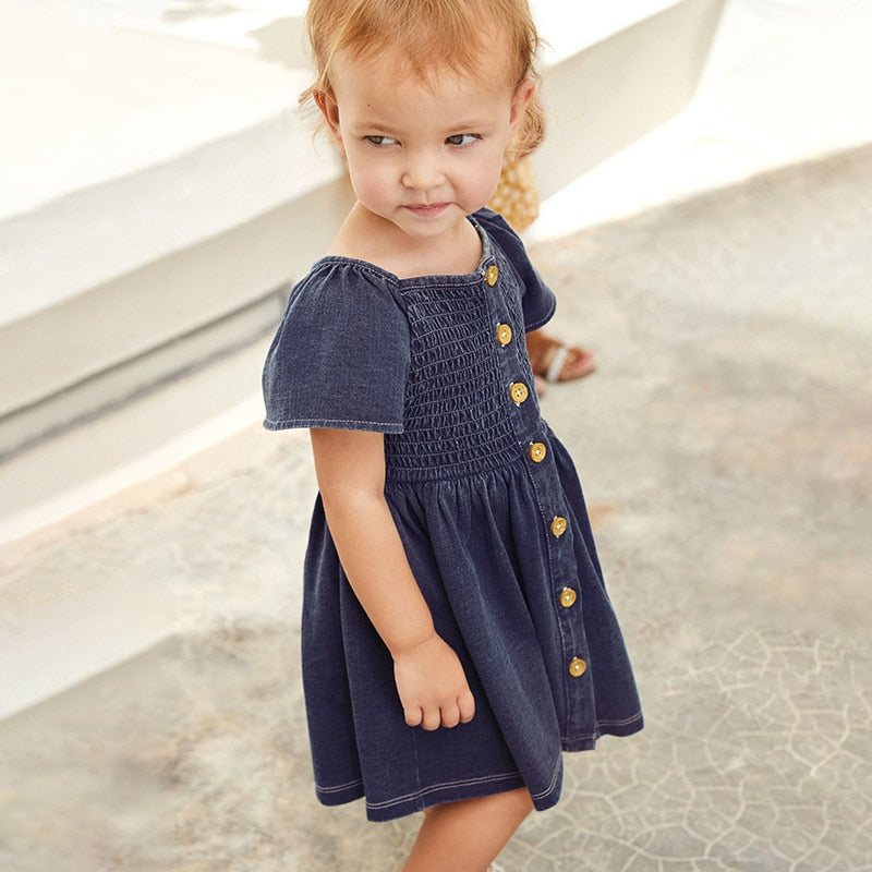 Children Summer New Baby Girl Clothes Navy Blue Toddler Shirtdress Button Dresses for Kids 2-7 Years