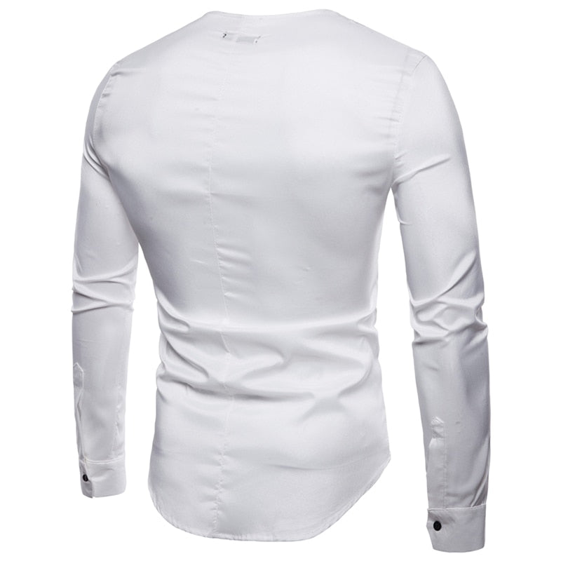 New Men's Round Neck Shirts Male Spring Casual Long Sleeve T Shirts Slim Fit Solid Color Black White Tops M-2XL