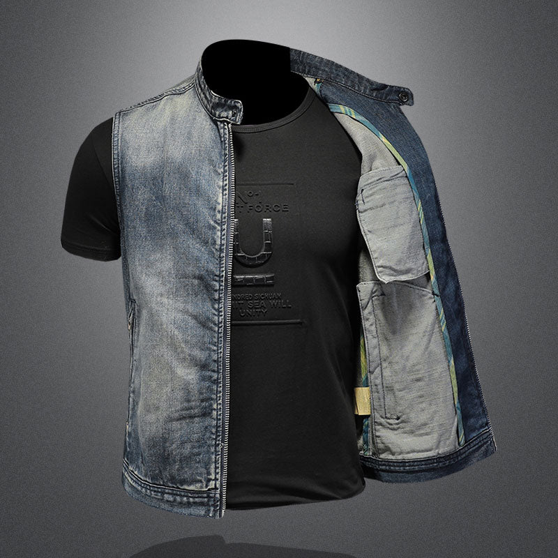 Summer Retro Jean Jacket Men's Denim Vest Coats Blue Slim Stand Collar Zipper Sleeveless Motorcycle Waistcoat Cowboy