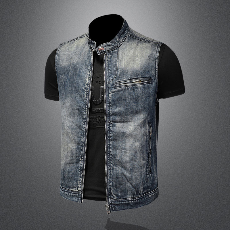 Summer Retro Jean Jacket Men's Denim Vest Coats Blue Slim Stand Collar Zipper Sleeveless Motorcycle Waistcoat Cowboy