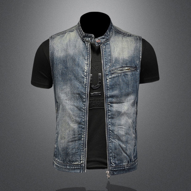 Summer Retro Jean Jacket Men's Denim Vest Coats Blue Slim Stand Collar Zipper Sleeveless Motorcycle Waistcoat Cowboy