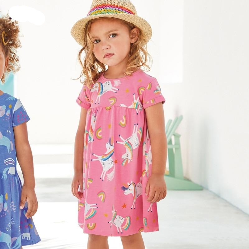 Robe d'été en coton pour petites filles, vêtements roses décontractés avec animaux, pour enfants de 2 à 7 ans