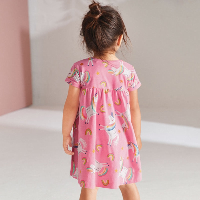 Robe d'été en coton pour petites filles, vêtements roses décontractés avec animaux, pour enfants de 2 à 7 ans