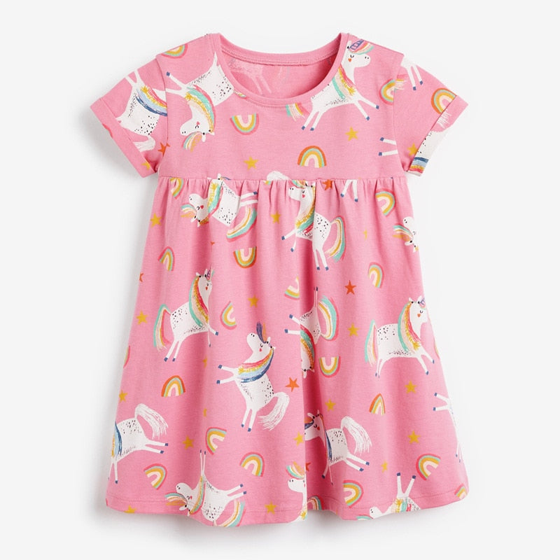 Robe d'été en coton pour petites filles, vêtements roses décontractés avec animaux, pour enfants de 2 à 7 ans