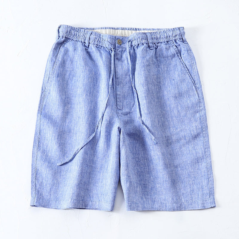 Linen Summer Breeches Shorts For Men Casual Solid Blue Casual Boardshorts Male Classic Drawstring Beach Shorts Clothing