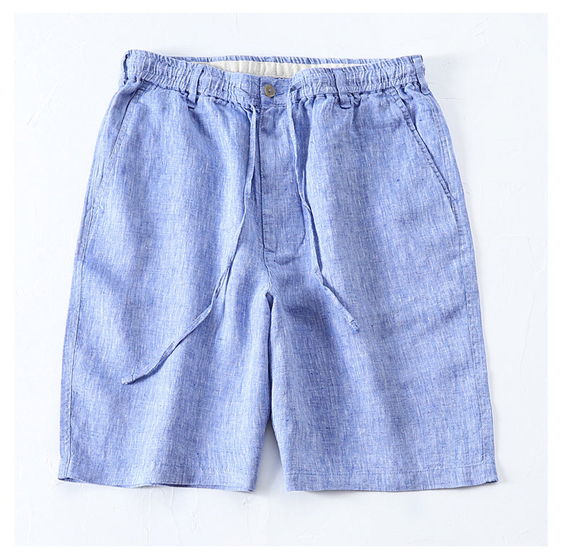 Linen Summer Breeches Shorts For Men Casual Solid Blue Casual Boardshorts Male Classic Drawstring Beach Shorts Clothing