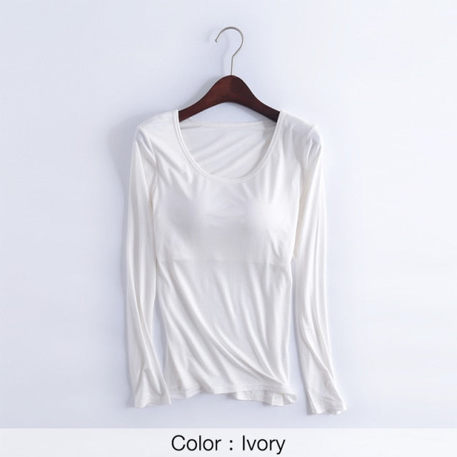 Women T-Shirts Buili-in Bra Padded Stretchable Modal Tops Tshirts Long Sleeve Plain Sexy Casual Spring Autumn