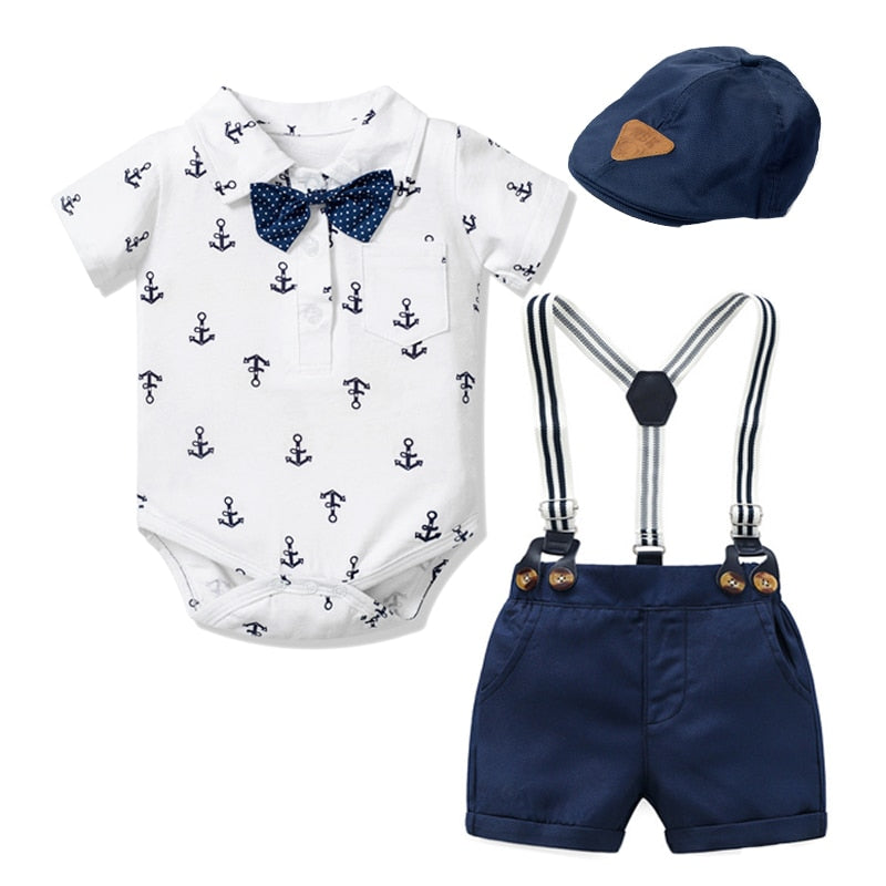 Vêtements pour bébés garçons, barboteuse en coton pour nouveau-né, vêtements courts avec chapeau à nœud papillon, robe d'anniversaire, tenue de fête pour nourrissons garçons