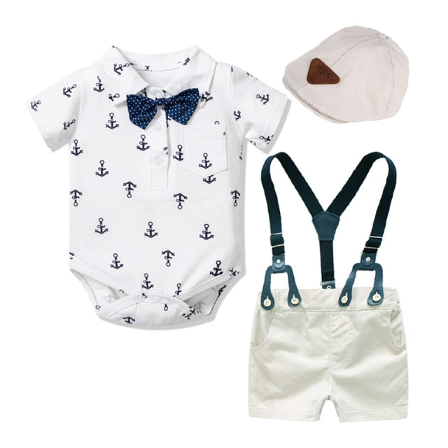 Vêtements pour bébés garçons, barboteuse en coton pour nouveau-né, vêtements courts avec chapeau à nœud papillon, robe d'anniversaire, tenue de fête pour nourrissons garçons