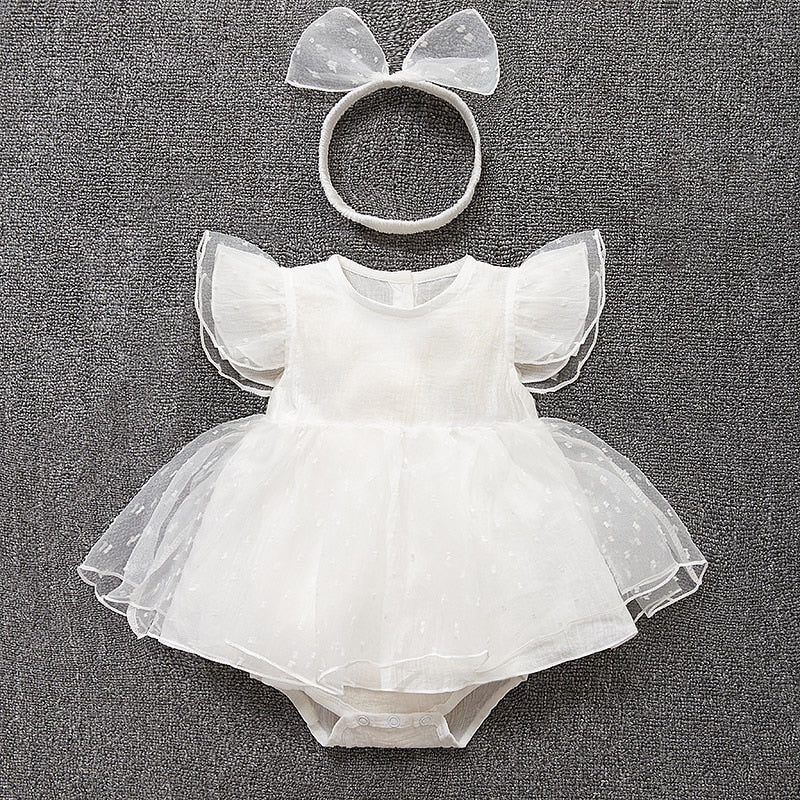 Bébé été body filles princesse robe + bandeau bébé baptême baptême robe fête mariage 0-9 mois photo tir robe