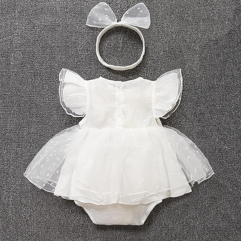 Bébé été body filles princesse robe + bandeau bébé baptême baptême robe fête mariage 0-9 mois photo tir robe