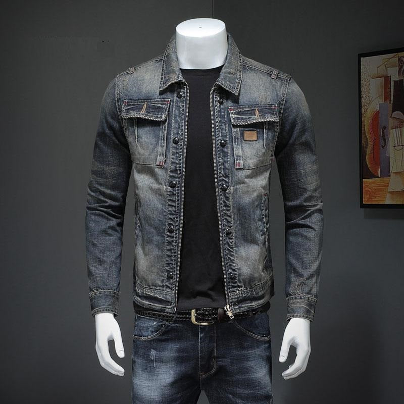 Spring Bomber Denim Jacket Men Jean Coats Motorcycle Cotton Turndown Collar Washed Slim Casual Long Sleeve Clothing