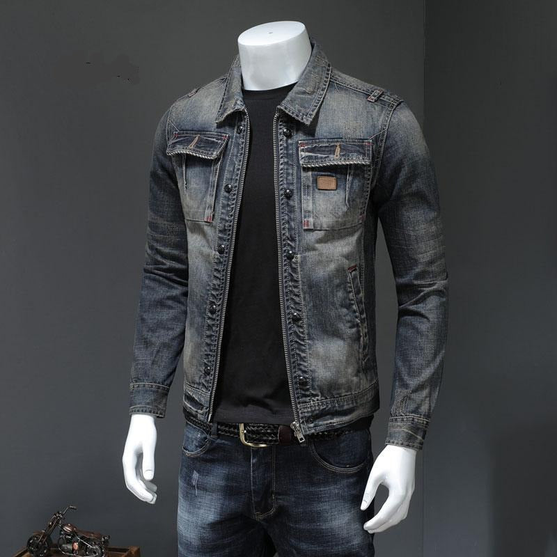 Spring Bomber Denim Jacket Men Jean Coats Motorcycle Cotton Turndown Collar Washed Slim Casual Long Sleeve Clothing