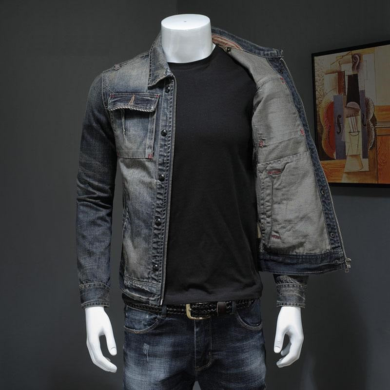 Spring Bomber Denim Jacket Men Jean Coats Motorcycle Cotton Turndown Collar Washed Slim Casual Long Sleeve Clothing