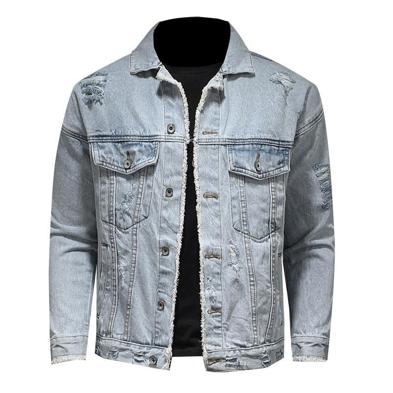 Men's Loose Hole Denim Jacket Lapel Long Sleeves Casual Men's Denim Jacket Locomotive Light Blue Denim Jacket Men