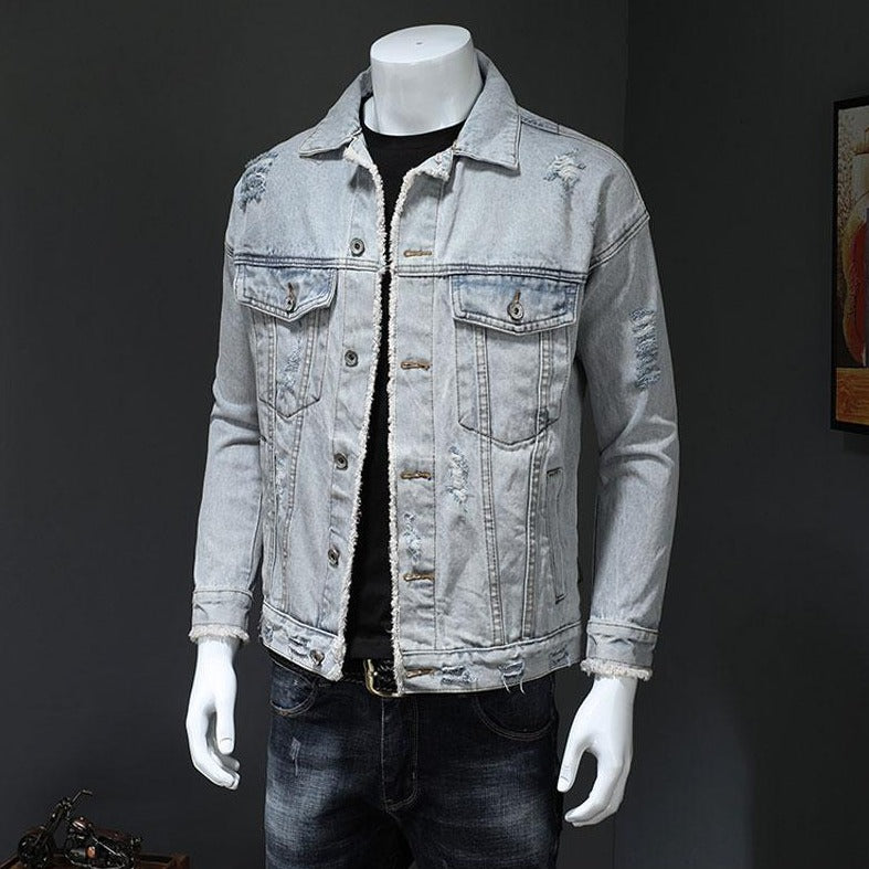 Men's Loose Hole Denim Jacket Lapel Long Sleeves Casual Men's Denim Jacket Locomotive Light Blue Denim Jacket Men