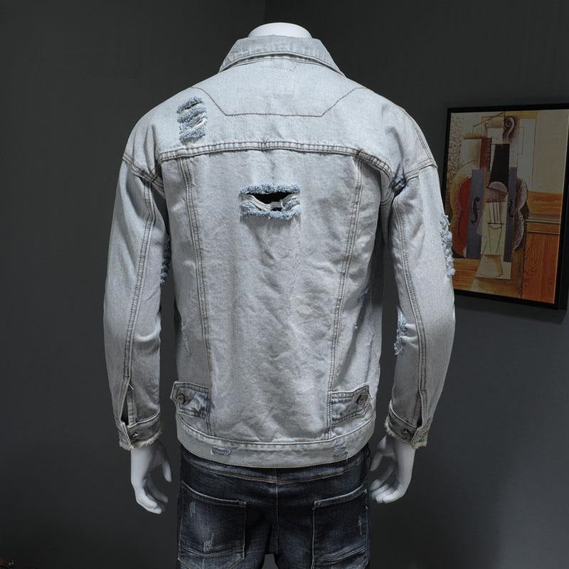 Men's Loose Hole Denim Jacket Lapel Long Sleeves Casual Men's Denim Jacket Locomotive Light Blue Denim Jacket Men