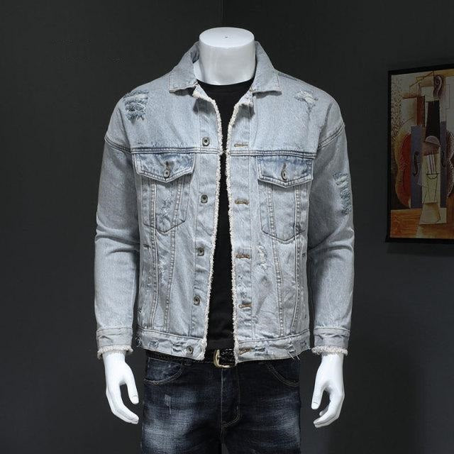 Men's Loose Hole Denim Jacket Lapel Long Sleeves Casual Men's Denim Jacket Locomotive Light Blue Denim Jacket Men