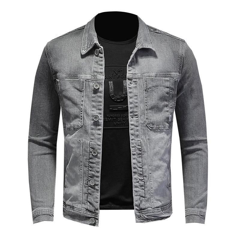 American Spring Bomber Light Grey Denim Jacket Men Jean Coats Motorcycle Cotton Turndown Collar Slim Casual Outwear Clothing