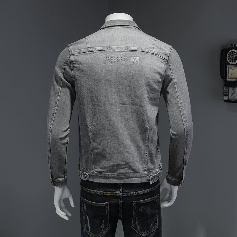 American Spring Bomber Light Grey Denim Jacket Men Jean Coats Motorcycle Cotton Turndown Collar Slim Casual Outwear Clothing