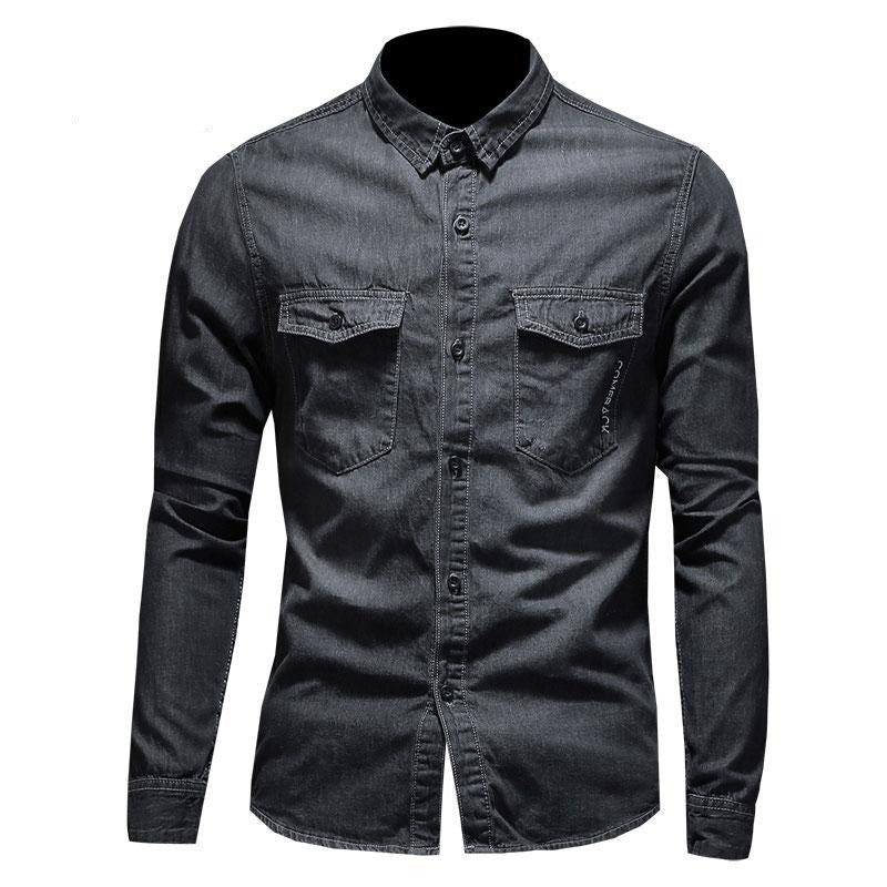 Autumn European Style Bomber Pilot Long Sleeve Black Thin Denim Shirt Men Jean Coat Motorcycle Casual Cowboy Clothing