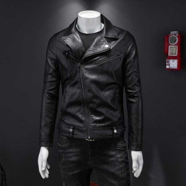 Vestes de Moto classiques Slim pour hommes, veste en cuir pour hommes, manteau de motard noir et blanc, automne hiver