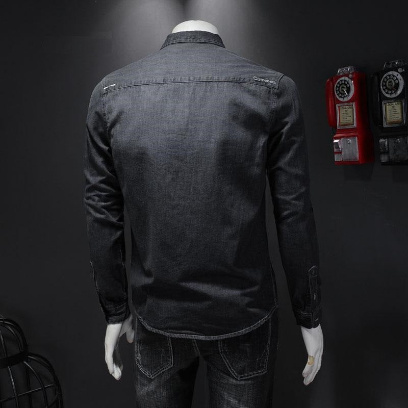 Autumn European Style Bomber Pilot Long Sleeve Black Thin Denim Shirt Men Jean Coat Motorcycle Casual Cowboy Clothing