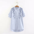 Embroidery striped women blouse summer cotton short sleeve ladies stand collar blouse female tee