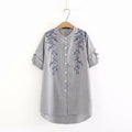 Embroidery striped women blouse summer cotton short sleeve ladies stand collar blouse female tee