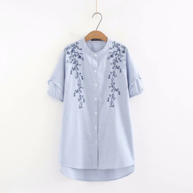 Embroidery striped women blouse summer cotton short sleeve ladies stand collar blouse female tee