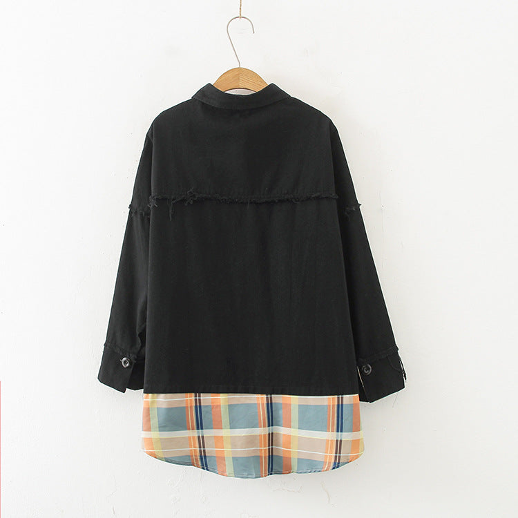 Women's Black Cotton&Denim Jackets Plaid Patchwork Long Outerwear