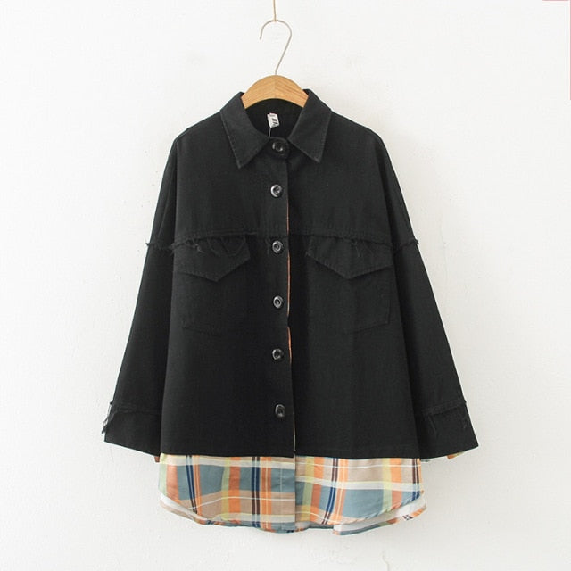 Women's Black Cotton&Denim Jackets Plaid Patchwork Long Outerwear