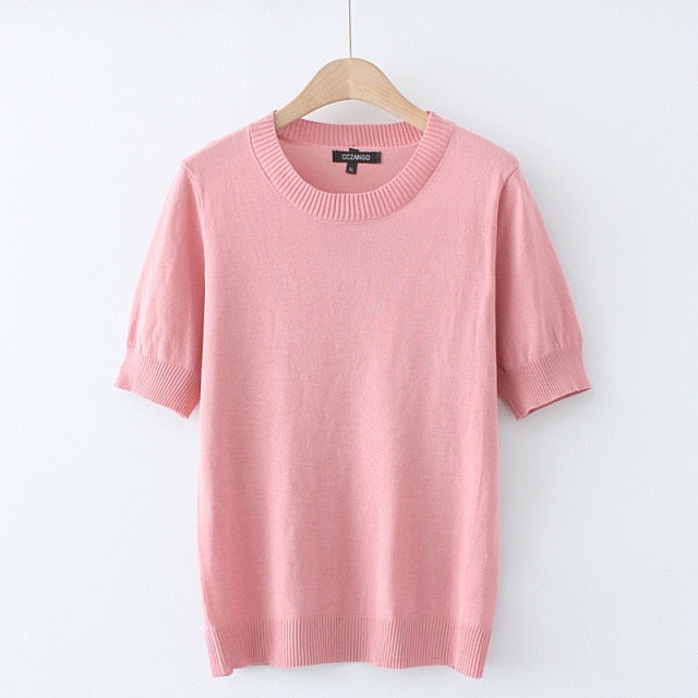 Women's Short Sleeve Summer T-shirts Solid Ice Silk Slim Tops Oversized Simple Shirts