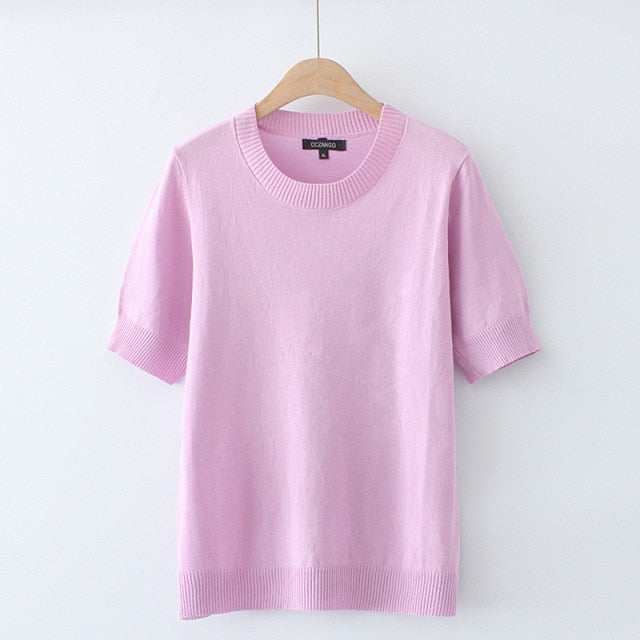Women's Short Sleeve Summer T-shirts Solid Ice Silk Slim Tops Oversized Simple Shirts