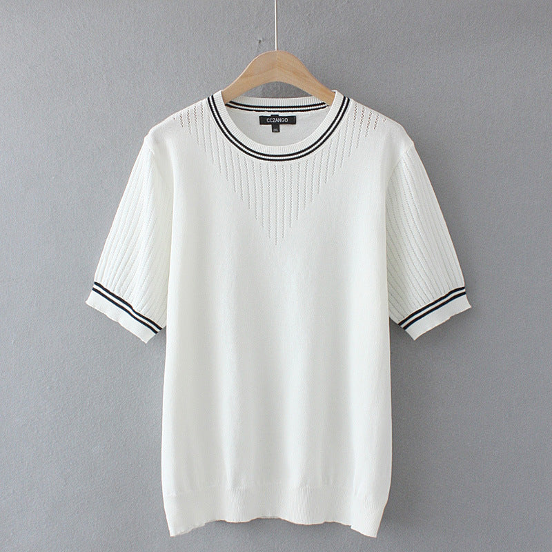 Women's White Black Summer Crochet T-shirts Oversized Tee Casual Simple Ice Silk Slim Shirts