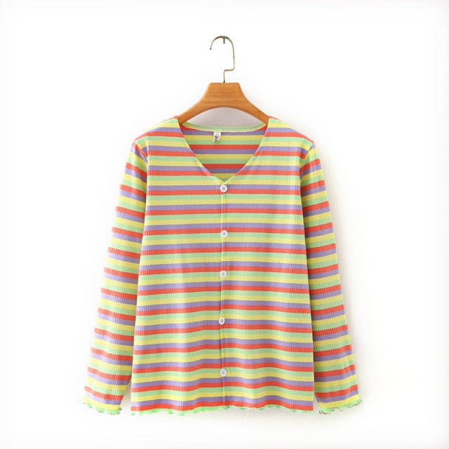 Women Knitted Cardigan V-neck Stripe Long-sleeved Comfort Spring Autumn t shirts